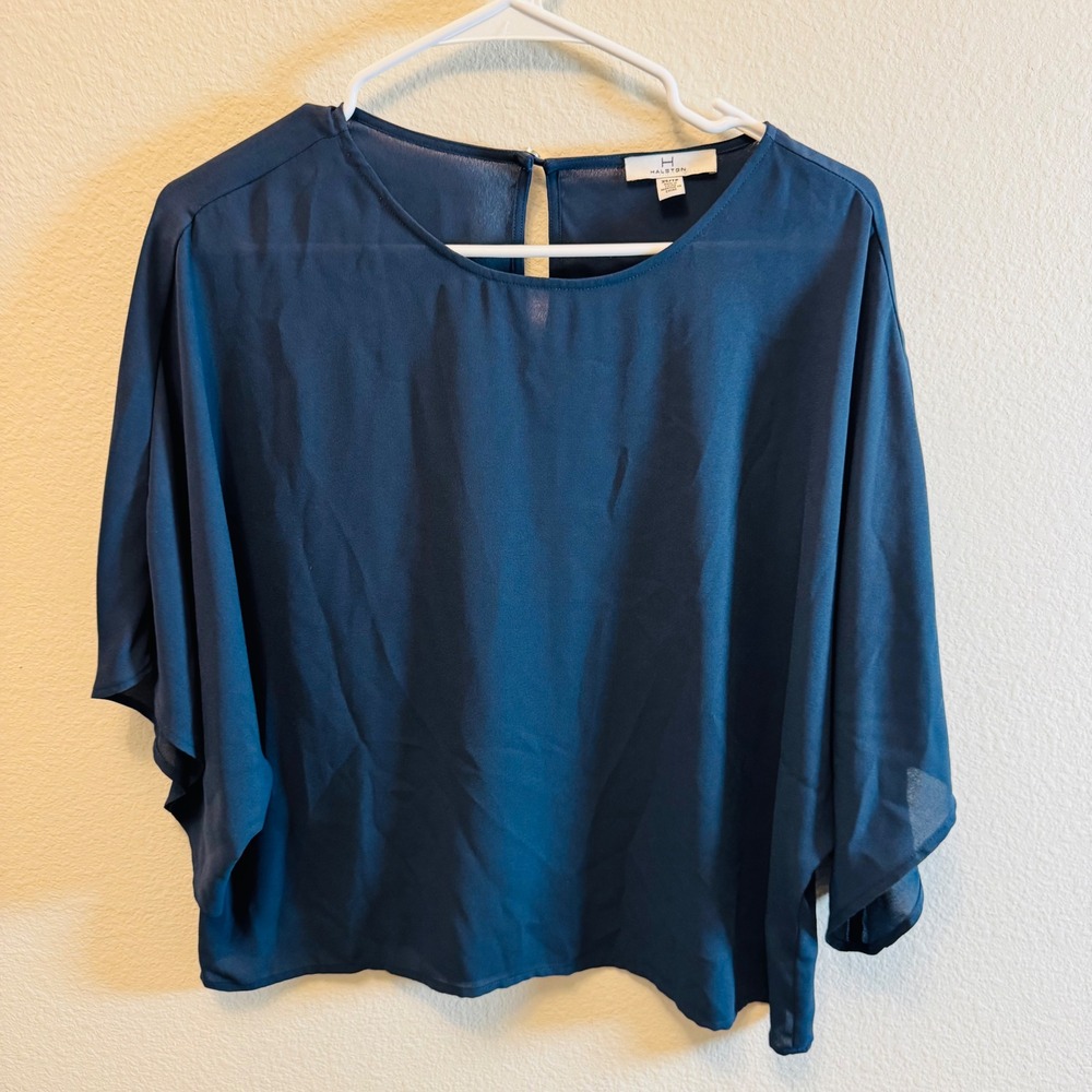 Halston Women's XS Top Blue Sheer Batwing‎ Sleeve Blouse